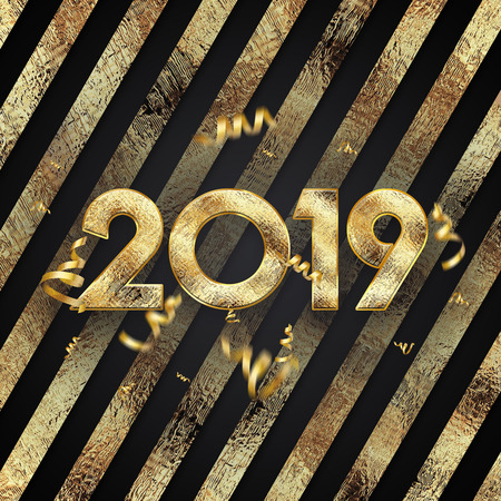 Creative background, 2019 Happy new year. Gold Numbers Design of greeting card of. Gold Shining Pattern. Happy New Year Banner with 2019 Numbers on a dark background. Confetti, copy space.の写真素材