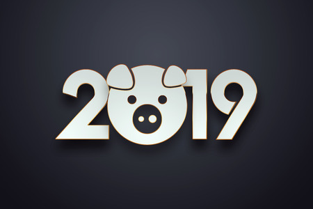 Creative background, numbers 2019 and festive confetti, spiral ribbons on a dark background. Happy New Year 2019. Decoration element with tinsel, copy space.の写真素材