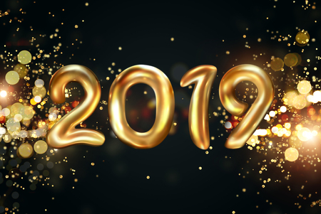 Creative background, Gold numbers Balloons on a dark background, 2019 Happy new year, Number Ball, Air Filled Balloon. New year balloon for decoration, celebration, congratulation. copy space.の写真素材