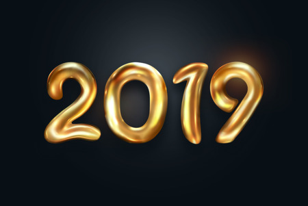 Creative background, Gold numbers Balloons on a dark background, 2019 Happy new year, Number Ball, Air Filled Balloon. New year balloon for decoration, celebration, congratulation. copy space.の写真素材