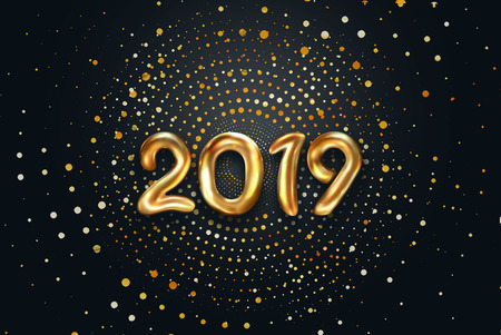 Creative background, Gold numbers Balloons on a dark background, 2019 Happy new year, Number Ball, Air Filled Balloon. New year balloon for decoration, celebration, congratulation. copy space.の写真素材