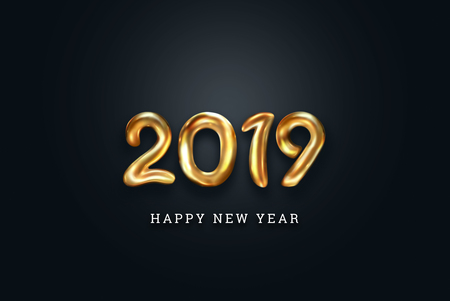 Creative background, Gold numbers Balloons on a dark background, 2019 Happy new year, Number Ball, Air Filled Balloon. New year balloon for decoration, celebration, congratulation. copy space.の写真素材
