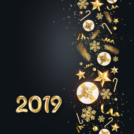Creative background, Classy 2019 Happy New Year background. Golden design for Christmas and New Year 2019 greeting cards. New Year Flyer, greeting card, festive background, copy space.の写真素材