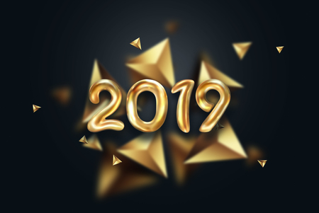 Creative background, Gold numbers Balloons on a dark background, 2019 Happy new year, Number Ball, Air Filled Balloon. New year balloon for decoration, celebration, congratulation. copy space.の写真素材