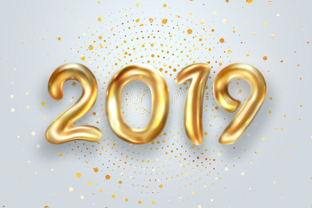 Creative background, Gold numbers Balloons on a light background, 2019 Happy new year, Number Ball, Air Filled Balloon. New year balloon for decoration, celebration, congratulation. copy space.の写真素材