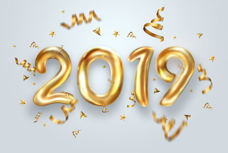 Creative background, Gold numbers Balloons on a light background, 2019 Happy new year, Number Ball, Air Filled Balloon. New year balloon for decoration, celebration, congratulation. copy space.の写真素材