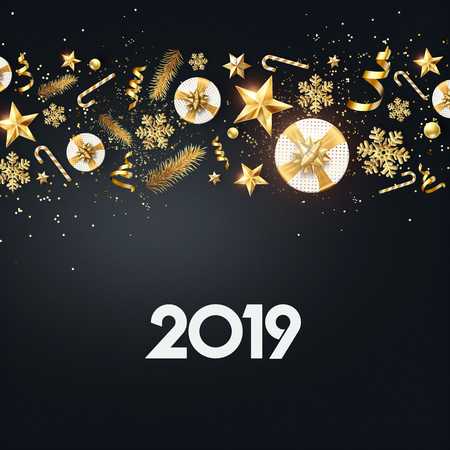Creative background, Classy 2019 Happy New Year background. Golden design for Christmas and New Year 2019 greeting cards. New Year Flyer, greeting card, festive background, copy space.の写真素材