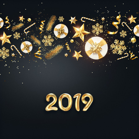 Creative background, Classy 2019 Happy New Year background. Golden design for Christmas and New Year 2019 greeting cards. New Year Flyer, greeting card, festive background, copy space.の写真素材