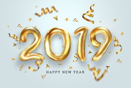 Creative background, Gold numbers Balloons on a light background, 2019 Happy new year, Number Ball, Air Filled Balloon. New year balloon for decoration, celebration, congratulation. copy space.の写真素材