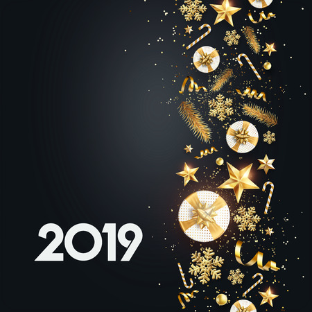 Creative background, Classy 2019 Happy New Year background. Golden design for Christmas and New Year 2019 greeting cards. New Year Flyer, greeting card, festive background, copy space.の写真素材
