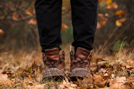 Man's shoe in autumn leaves. Autumn foliage on a hipster's shoe close up.の写真素材