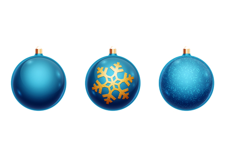 Set of blue color christmas balls isolated on white background. Christmas decorations, ornaments on the Christmas tree.の写真素材
