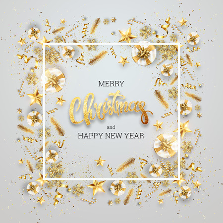The inscription Merry Christmas in a golden frame of Christmas toys. Postcard, flyer, invitation card.の写真素材