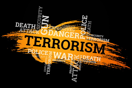 The inscription terrorism on a black background. The concept of stop terror, terrorist attack, explosions, attempted.の写真素材
