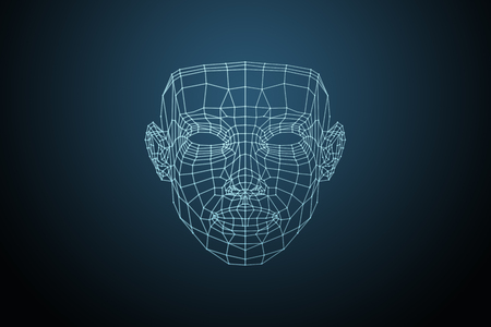 Human face, triangular glowing grid, Biometric verification - face recognition. Technology of face recognition on polygonal grid is constructed by the points of IT security and protection.の写真素材