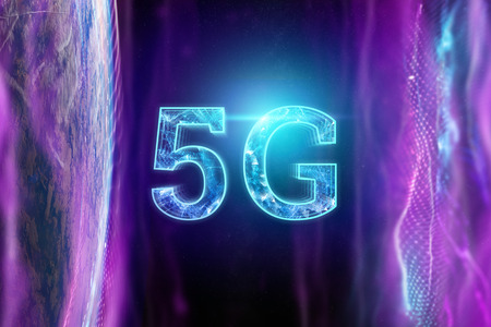 Creative background, the inscription 5G on the background of purple and blue energy, dark background. The concept of 5G network, high-speed mobile Internet, new generation networks. Copy space, Mixed media.の写真素材