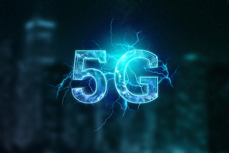 Creative background, the inscription 5G on the background of purple and blue energy, dark background. The concept of 5G network, high-speed mobile Internet, new generation networks. Copy space, Mixed media.の写真素材