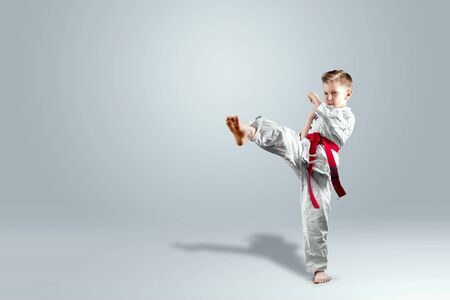 Creative background, a child in a white kimono makes a kick, on a light background. The concept of martial arts, karate, sports since childhood, discipline, first place, victory. copy space.の写真素材