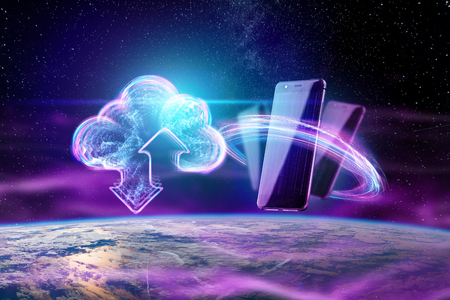 Creative background, image of a hologram of a cloud on the background of the globe. The concept of cloud technology, cloud storage, a new generation of networks. Copy space, Mixed media.の写真素材