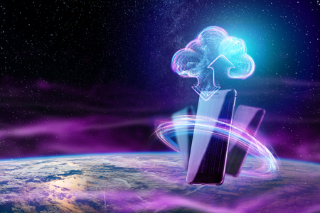 Creative background, image of a hologram of a cloud on the background of the globe. The concept of cloud technology, cloud storage, a new generation of networks. Copy space, Mixed media.の写真素材