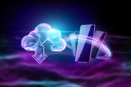 Creative background, hologram image of clouds on the background of energy waves, purple background. The concept of cloud technology, cloud storage, a new generation of networks. Mixed media.の写真素材
