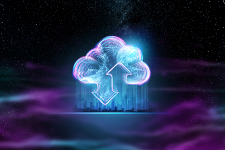 Creative background, hologram image of clouds on the background of energy waves, purple background. The concept of cloud technology, cloud storage, a new generation of networks. Mixed media.の写真素材