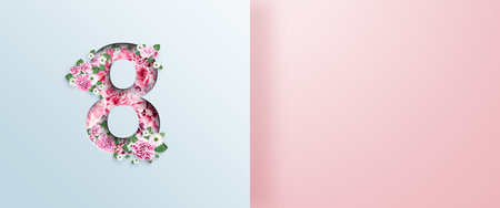 Creative design promo banners, Pink design, light background, Women's Day, the eighth of March, hot sale, discounts. Banner, copy space. Mockup, horizontal flyer for printing.の写真素材