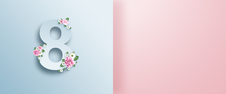 Creative design promo banners, Pink design, light background, Women's Day, the eighth of March, hot sale, discounts. Banner, copy space. Mockup, horizontal flyer for printing.の写真素材
