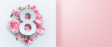Creative design promo banners, Pink design, light background, Women's Day, the eighth of March, hot sale, discounts. Banner, copy space. Mockup, horizontal flyer for printing.の写真素材