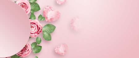 Creative design promo banners, Pink design, light background, Valentine's Day, Women's Day, the eighth of March, hot sale, discounts. Banner, copy space. Mockup, horizontal flyer for printing.の写真素材
