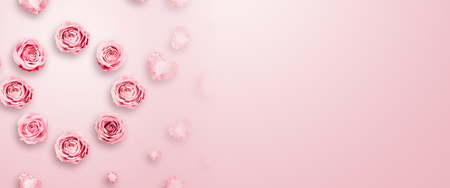 Creative design promo banners, Pink design, light background, Valentine's Day, Women's Day, the eighth of March, hot sale, discounts. Banner, copy space. Mockup, horizontal flyer for printing.の写真素材