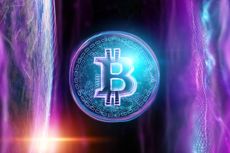 Bitcoin hologram, ultraviolet creative background. Cryptocurrency, electronic money, blockchain technology, finance, copy space.の写真素材