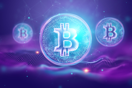 Bitcoin hologram, ultraviolet creative background. Cryptocurrency, electronic money, blockchain technology, finance, copy space.の写真素材