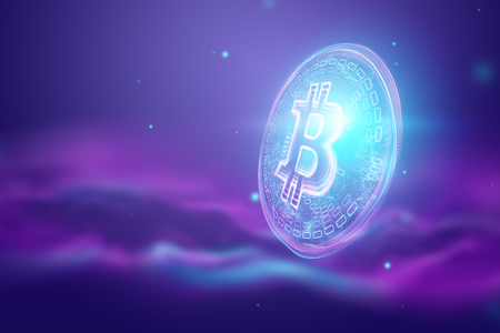 Bitcoin hologram, ultraviolet creative background. Cryptocurrency, electronic money, blockchain technology, finance, copy space.の写真素材