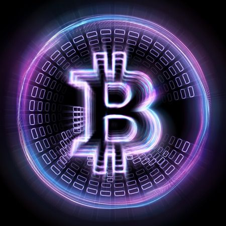 Bitcoin hologram isolated on black background. Cryptocurrency, electronic money, blockchain technology, finance, copy space.の写真素材