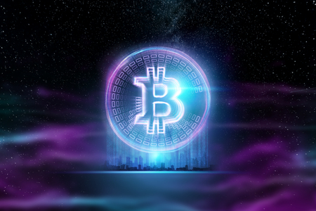 Bitcoin hologram, ultraviolet creative background. Cryptocurrency, electronic money, blockchain technology, finance, copy space.の写真素材