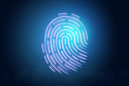 Futuristic hologram fingerprint, blue, ultraviolet. Concept of fingerprint, biometric, information technology and cyber security, technology, data protection. 3D illustration, 3D rendering.の写真素材