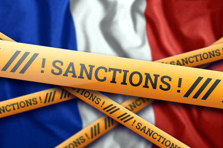 Creative background, inscription on the flag of France sanctions, yellow fencing tape. The concept of sanctions, policies, conditions, requirements, trade wars. 3d rendering, 3d illustrationの写真素材