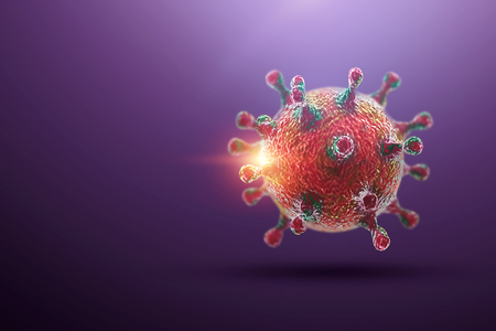 Creative background, virus molecule close-up in the body, purple background. Concept biology, experiments, laboratory, experiments, quantum world. 3D illustration, 3D render. Copy space.の写真素材