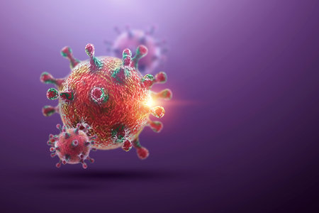 Creative background, virus molecule close-up in the body, purple background. Concept biology,...
