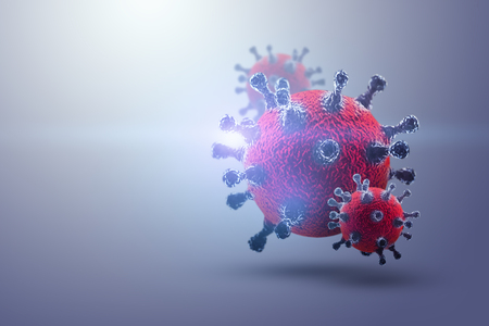 Creative background, virus molecule close-up in the body, gray background. Concept biology, experiments, laboratory, experiments, quantum world. 3D illustration, 3D render. Copy space.の写真素材