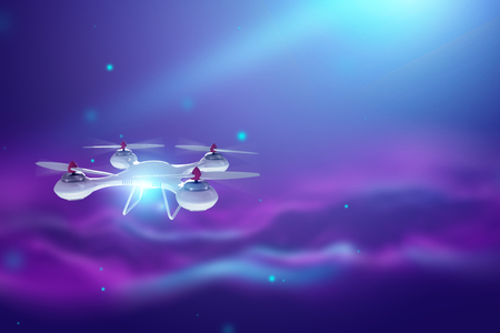 Drone, white quadrocopter on violet background with copy space. The concept of technology, robotization, computerization. 3D render, 3D illustration.の写真素材