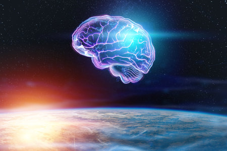 The image of the human brain, a hologram, a dark background. The concept of artificial intelligence,...