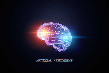 The image of the human brain, a hologram, a dark background. The concept of artificial intelligence, neural networks, robotization, machine learning. 3D illustration, copy space.の写真素材