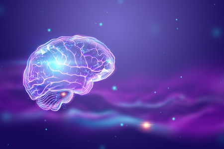 The image of the human brain, a hologram, a dark background. The concept of artificial intelligence, neural networks, robotization, machine learning. 3D illustration, copy space.の写真素材