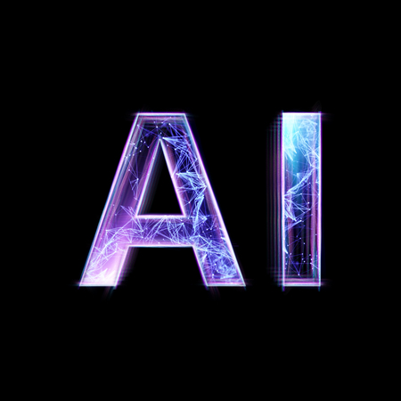 Inscription AI, artificial intelligence, hologram, dark background. The concept of artificial intelligence, neural networks, robotization, machine learning. 3D illustration, copy space.の写真素材