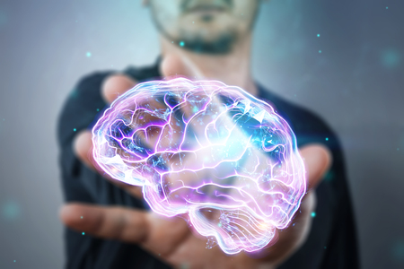 The image of the human brain, a hologram, a dark background. The concept of artificial intelligence, neural networks, robotization, machine learning. 3D illustration, copy space.の写真素材
