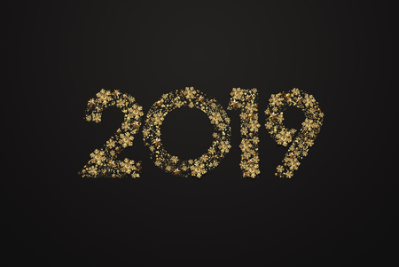 Creative background, 2019 Happy new year. Gold Numbers Design of greeting card of. Gold Shining Pattern. Happy New Year Banner with 2019 Numbers on a dark background. Confetti, copy space.の写真素材