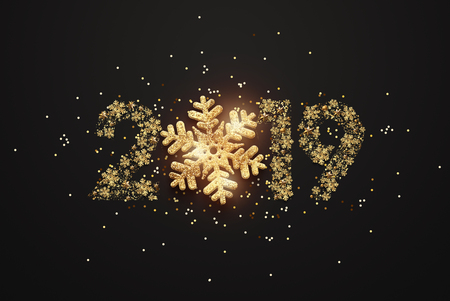 Creative background, 2019 Happy new year. Gold Numbers Design of greeting card of. Gold Shining Pattern. Happy New Year Banner with 2019 Numbers on a dark background. Confetti, copy space.の写真素材