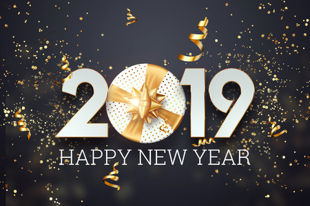 Creative background, numbers 2019 and festive confetti, spiral ribbons on a dark background. Happy New Year 2019. Decoration element with tinsel, copy space.の写真素材